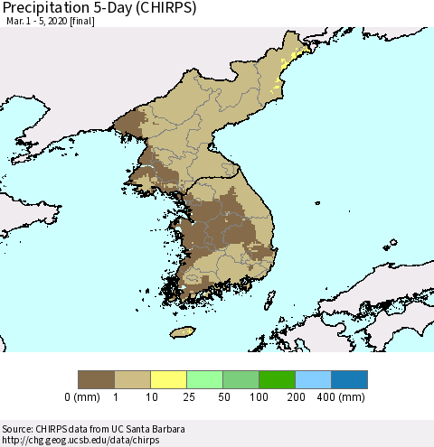 Korea Precipitation 5-Day (CHIRPS) Thematic Map For 3/1/2020 - 3/5/2020