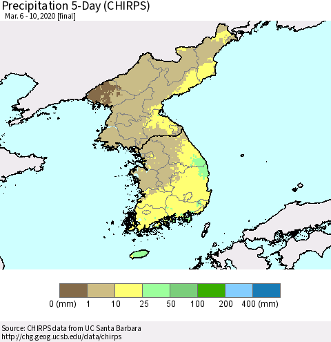 Korea Precipitation 5-Day (CHIRPS) Thematic Map For 3/6/2020 - 3/10/2020