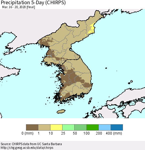 Korea Precipitation 5-Day (CHIRPS) Thematic Map For 3/16/2020 - 3/20/2020
