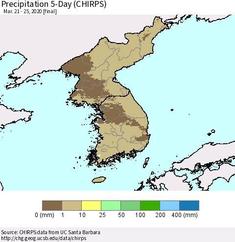 Korea Precipitation 5-Day (CHIRPS) Thematic Map For 3/21/2020 - 3/25/2020