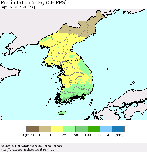 Korea Precipitation 5-Day (CHIRPS) Thematic Map For 4/16/2020 - 4/20/2020