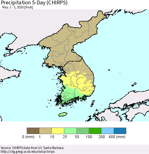 Korea Precipitation 5-Day (CHIRPS) Thematic Map For 5/1/2020 - 5/5/2020