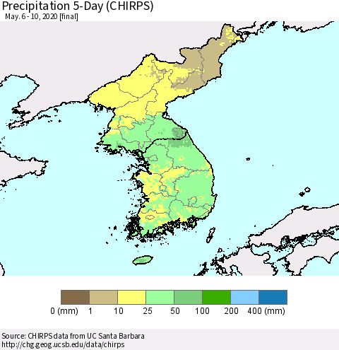 Korea Precipitation 5-Day (CHIRPS) Thematic Map For 5/6/2020 - 5/10/2020