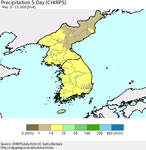 Korea Precipitation 5-Day (CHIRPS) Thematic Map For 5/11/2020 - 5/15/2020