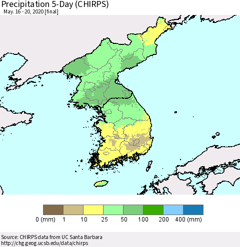Korea Precipitation 5-Day (CHIRPS) Thematic Map For 5/16/2020 - 5/20/2020