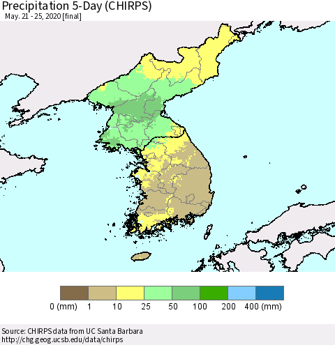 Korea Precipitation 5-Day (CHIRPS) Thematic Map For 5/21/2020 - 5/25/2020