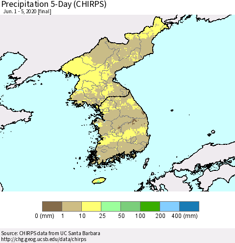 Korea Precipitation 5-Day (CHIRPS) Thematic Map For 6/1/2020 - 6/5/2020