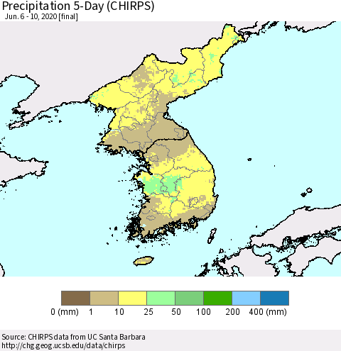 Korea Precipitation 5-Day (CHIRPS) Thematic Map For 6/6/2020 - 6/10/2020
