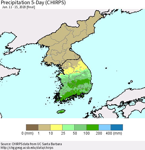 Korea Precipitation 5-Day (CHIRPS) Thematic Map For 6/11/2020 - 6/15/2020