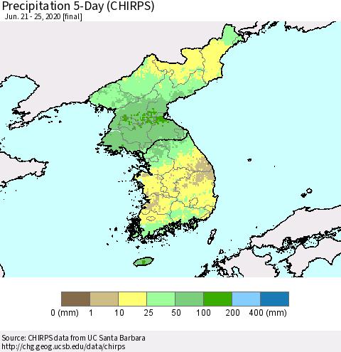 Korea Precipitation 5-Day (CHIRPS) Thematic Map For 6/21/2020 - 6/25/2020