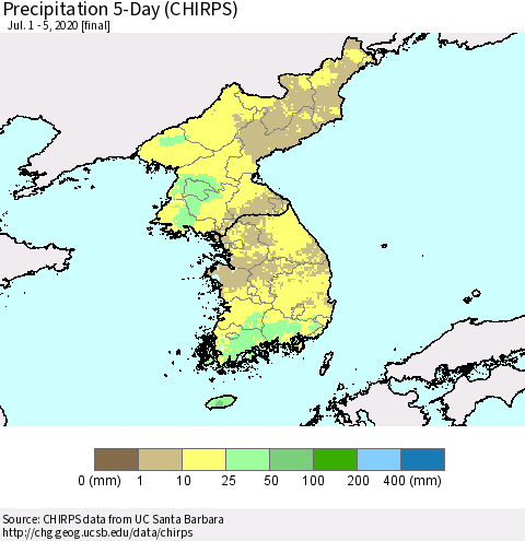 Korea Precipitation 5-Day (CHIRPS) Thematic Map For 7/1/2020 - 7/5/2020