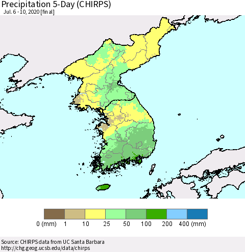 Korea Precipitation 5-Day (CHIRPS) Thematic Map For 7/6/2020 - 7/10/2020