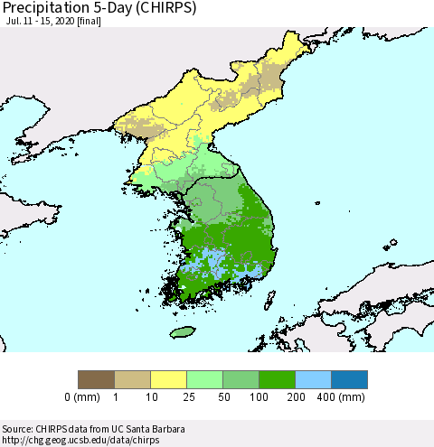 Korea Precipitation 5-Day (CHIRPS) Thematic Map For 7/11/2020 - 7/15/2020