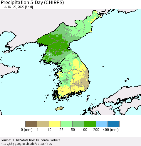 Korea Precipitation 5-Day (CHIRPS) Thematic Map For 7/16/2020 - 7/20/2020