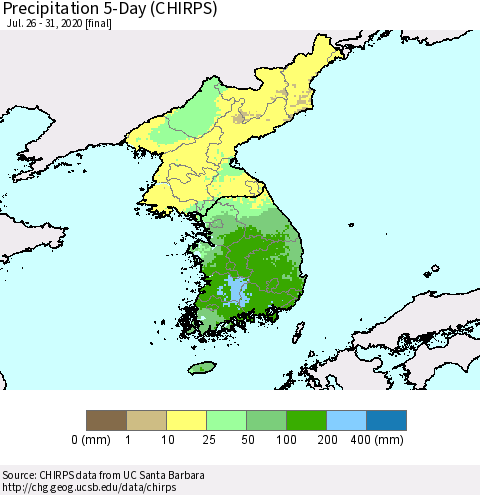 Korea Precipitation 5-Day (CHIRPS) Thematic Map For 7/26/2020 - 7/31/2020