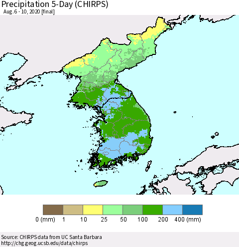 Korea Precipitation 5-Day (CHIRPS) Thematic Map For 8/6/2020 - 8/10/2020