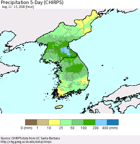 Korea Precipitation 5-Day (CHIRPS) Thematic Map For 8/11/2020 - 8/15/2020