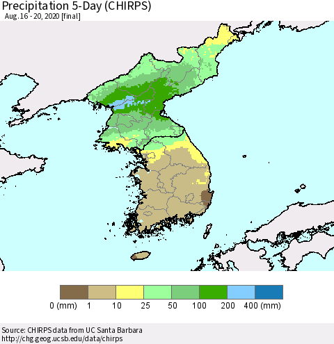 Korea Precipitation 5-Day (CHIRPS) Thematic Map For 8/16/2020 - 8/20/2020