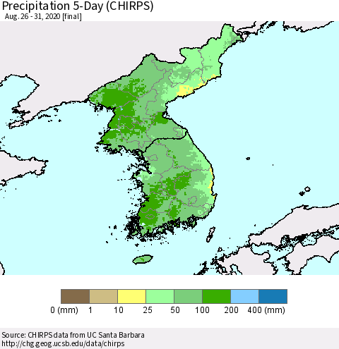 Korea Precipitation 5-Day (CHIRPS) Thematic Map For 8/26/2020 - 8/31/2020