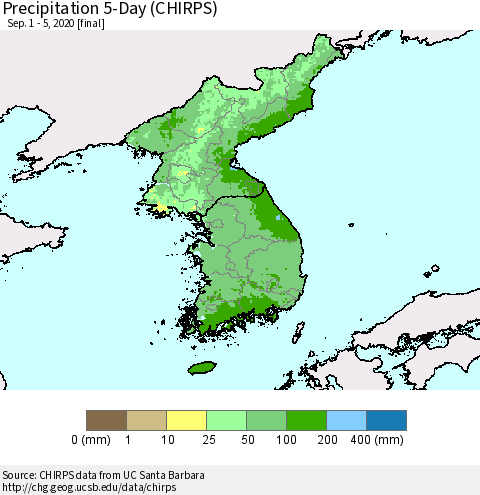 Korea Precipitation 5-Day (CHIRPS) Thematic Map For 9/1/2020 - 9/5/2020