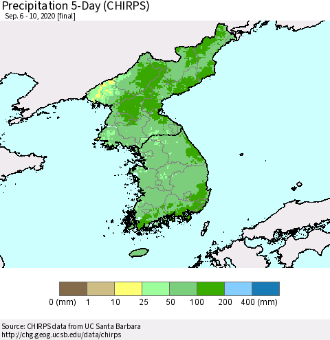 Korea Precipitation 5-Day (CHIRPS) Thematic Map For 9/6/2020 - 9/10/2020