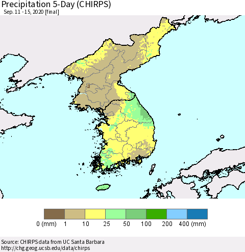 Korea Precipitation 5-Day (CHIRPS) Thematic Map For 9/11/2020 - 9/15/2020
