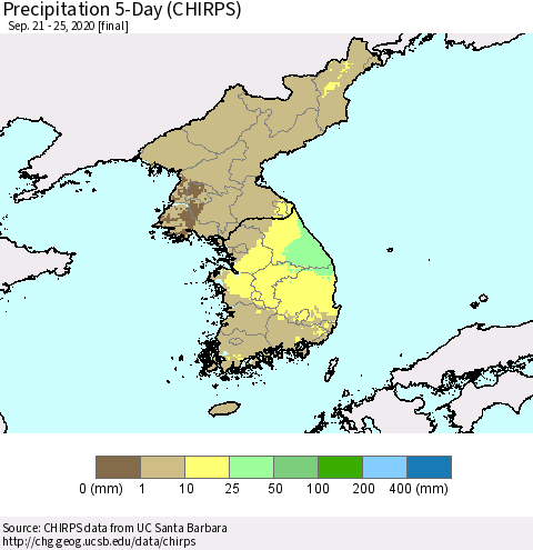 Korea Precipitation 5-Day (CHIRPS) Thematic Map For 9/21/2020 - 9/25/2020