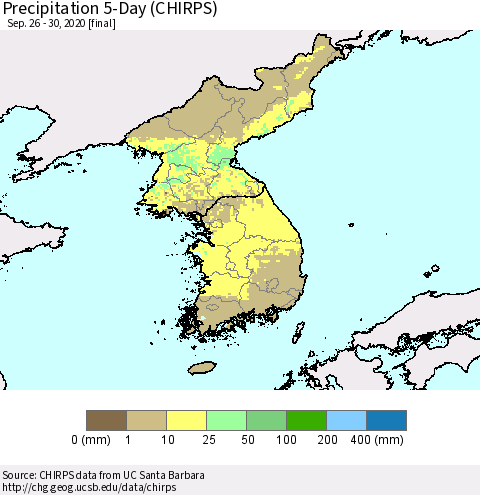 Korea Precipitation 5-Day (CHIRPS) Thematic Map For 9/26/2020 - 9/30/2020