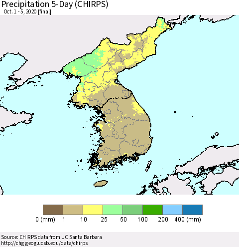 Korea Precipitation 5-Day (CHIRPS) Thematic Map For 10/1/2020 - 10/5/2020