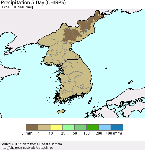 Korea Precipitation 5-Day (CHIRPS) Thematic Map For 10/6/2020 - 10/10/2020