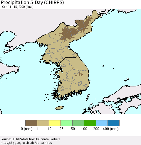 Korea Precipitation 5-Day (CHIRPS) Thematic Map For 10/11/2020 - 10/15/2020