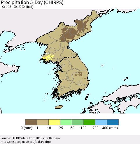 Korea Precipitation 5-Day (CHIRPS) Thematic Map For 10/16/2020 - 10/20/2020