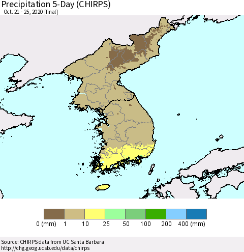 Korea Precipitation 5-Day (CHIRPS) Thematic Map For 10/21/2020 - 10/25/2020