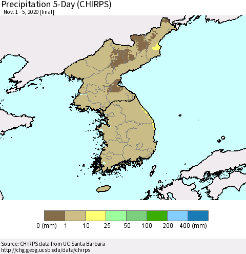 Korea Precipitation 5-Day (CHIRPS) Thematic Map For 11/1/2020 - 11/5/2020