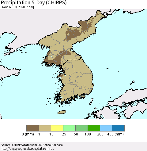Korea Precipitation 5-Day (CHIRPS) Thematic Map For 11/6/2020 - 11/10/2020
