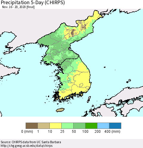 Korea Precipitation 5-Day (CHIRPS) Thematic Map For 11/16/2020 - 11/20/2020
