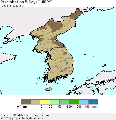 Korea Precipitation 5-Day (CHIRPS) Thematic Map For 12/1/2020 - 12/5/2020