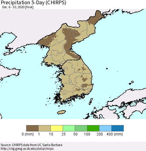 Korea Precipitation 5-Day (CHIRPS) Thematic Map For 12/6/2020 - 12/10/2020