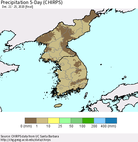 Korea Precipitation 5-Day (CHIRPS) Thematic Map For 12/21/2020 - 12/25/2020