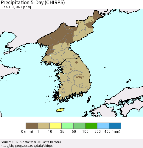 Korea Precipitation 5-Day (CHIRPS) Thematic Map For 1/1/2021 - 1/5/2021