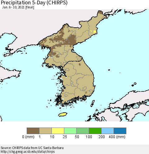 Korea Precipitation 5-Day (CHIRPS) Thematic Map For 1/6/2021 - 1/10/2021