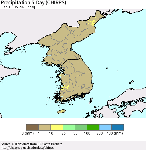 Korea Precipitation 5-Day (CHIRPS) Thematic Map For 1/11/2021 - 1/15/2021