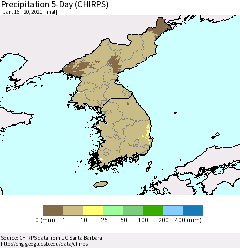 Korea Precipitation 5-Day (CHIRPS) Thematic Map For 1/16/2021 - 1/20/2021