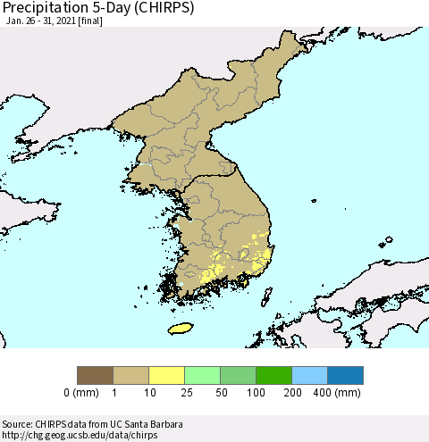 Korea Precipitation 5-Day (CHIRPS) Thematic Map For 1/26/2021 - 1/31/2021