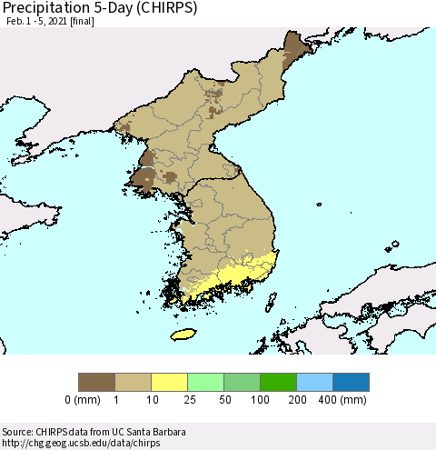 Korea Precipitation 5-Day (CHIRPS) Thematic Map For 2/1/2021 - 2/5/2021
