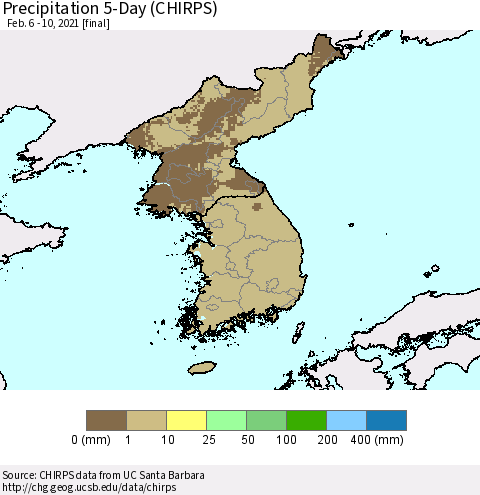 Korea Precipitation 5-Day (CHIRPS) Thematic Map For 2/6/2021 - 2/10/2021