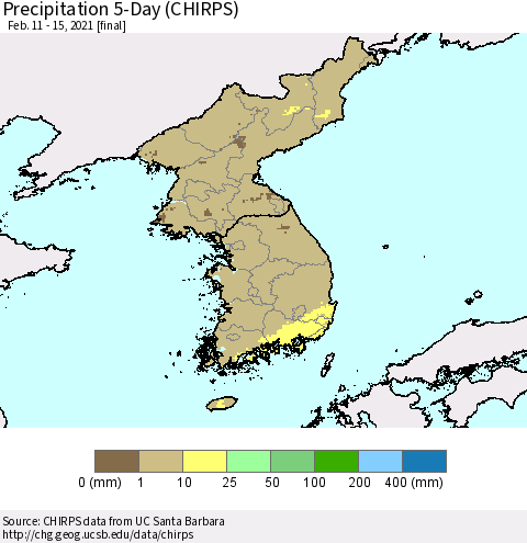 Korea Precipitation 5-Day (CHIRPS) Thematic Map For 2/11/2021 - 2/15/2021