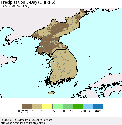 Korea Precipitation 5-Day (CHIRPS) Thematic Map For 2/16/2021 - 2/20/2021