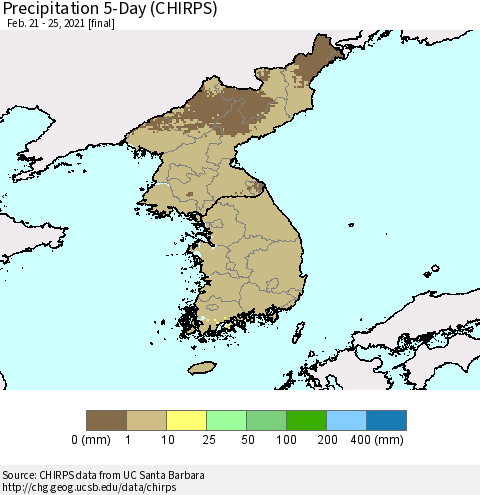 Korea Precipitation 5-Day (CHIRPS) Thematic Map For 2/21/2021 - 2/25/2021