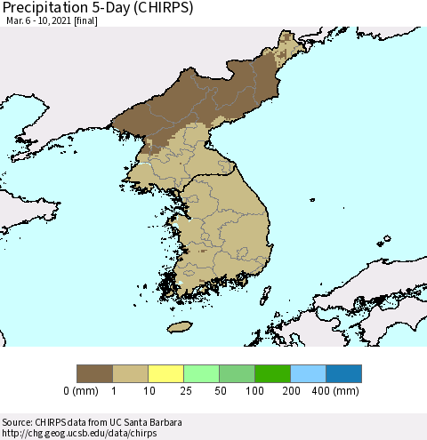 Korea Precipitation 5-Day (CHIRPS) Thematic Map For 3/6/2021 - 3/10/2021